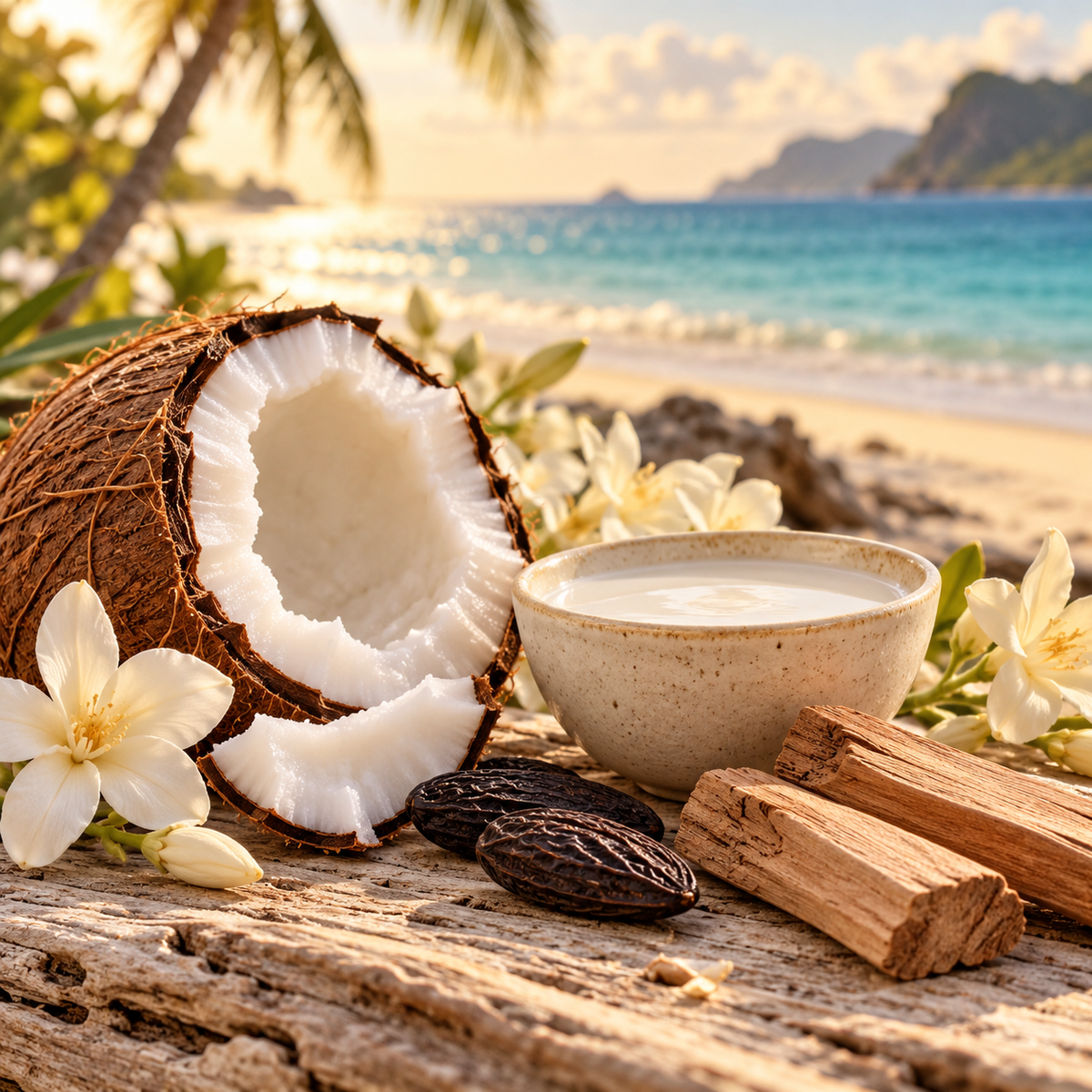 Coconut milk, fresh coconut, sandalwood and tonka beans beside white flowers and a tropical sea, representing Paradise Escape wax melts.