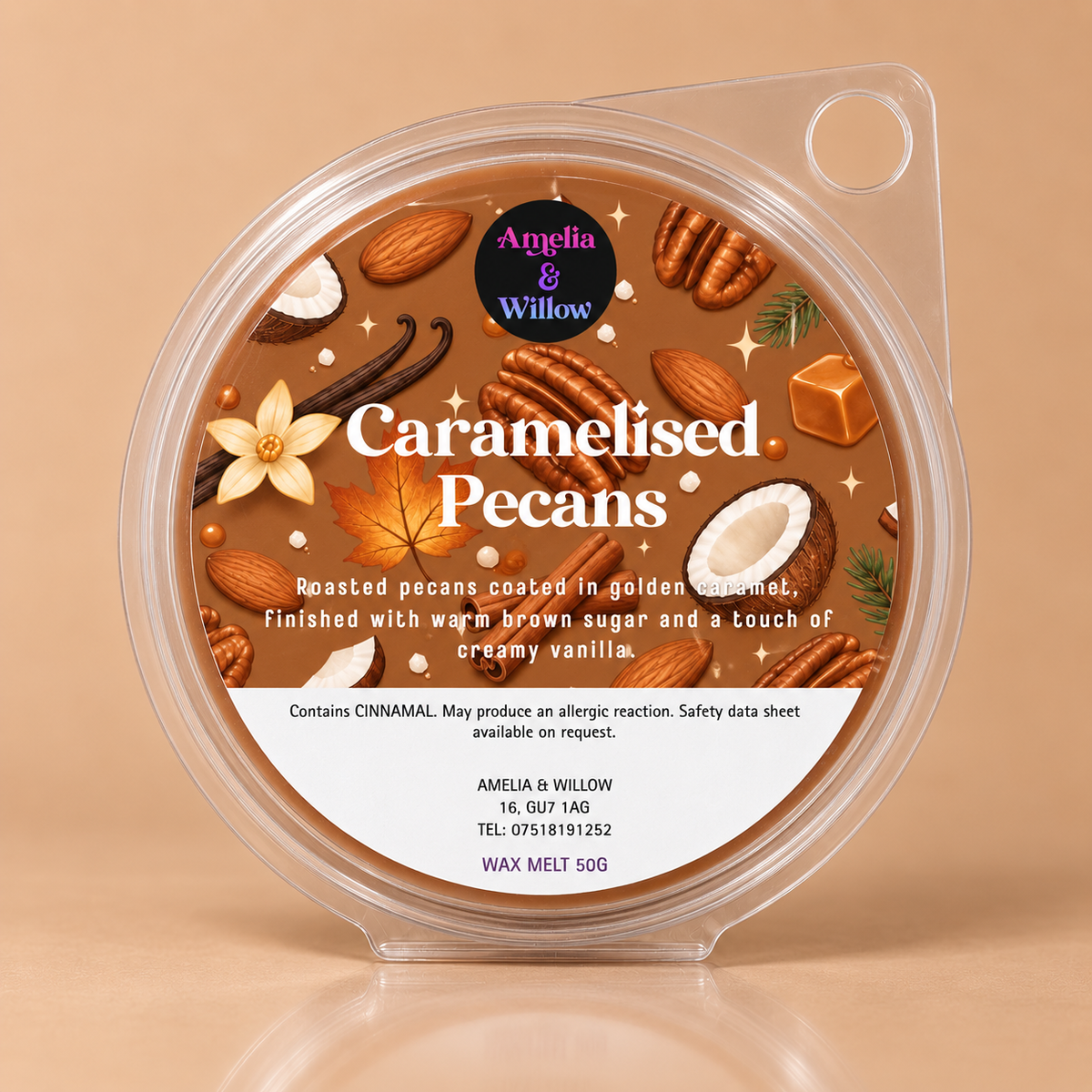 Caramelised Pecans 50g round wax melt by Amelia & Willow
