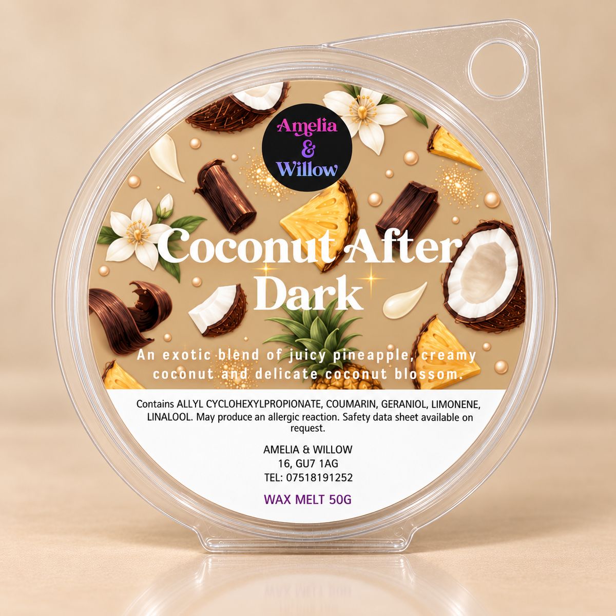 Coconut After Dark 50g round wax melt by Amelia & Willow
