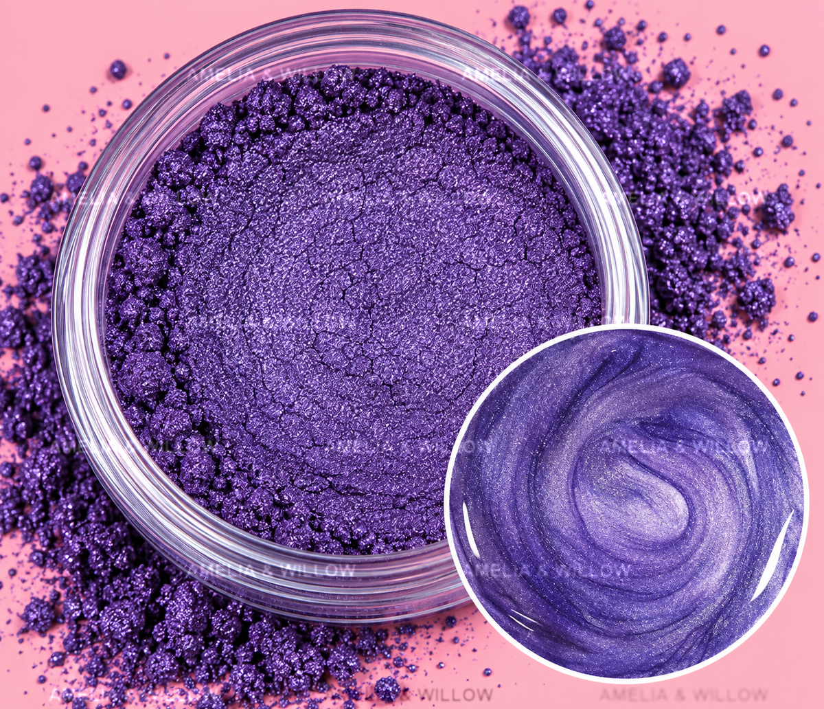 Lavender Velvet purple mica powder with pearlescent shimmer and colour swatch
