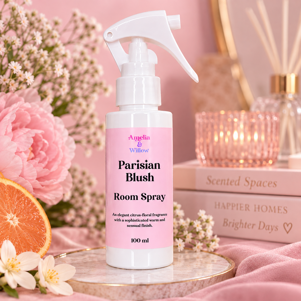 Parisian Blush Room Spray with citrus, florals and pink home décor