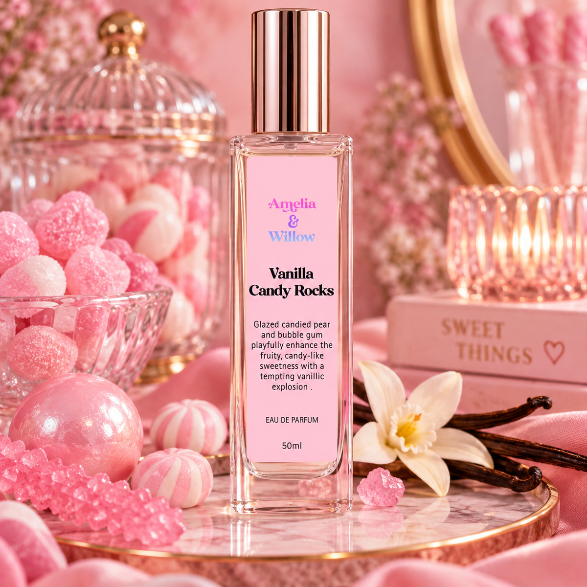 Vanilla Candy Rocks 50ml Eau de Parfum with vanilla and sweet candy styling by Amelia & Willow