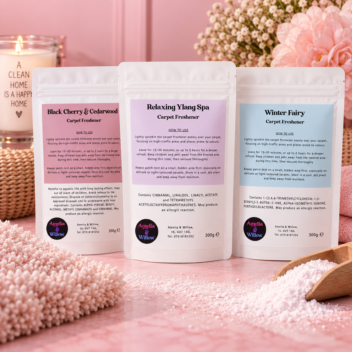 Amelia & Willow 300g scented carpet freshener pouches in Black Cherry & Cedarwood, Relaxing Ylang Spa and Winter Fairy.