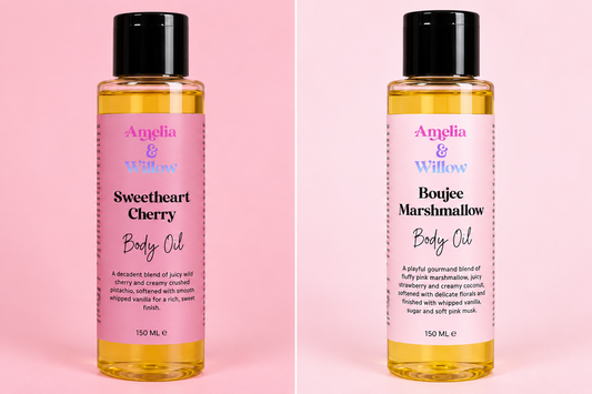 Amelia & Willow scented body oils in Sweetheart Cherry and Boujee Marshmallow