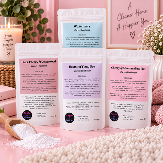 Amelia & Willow scented carpet freshener range in 300g pouches with Black Cherry & Cedarwood, Relaxing Ylang Spa, Winter Fairy and Cherry & Marshmallow Fluff.