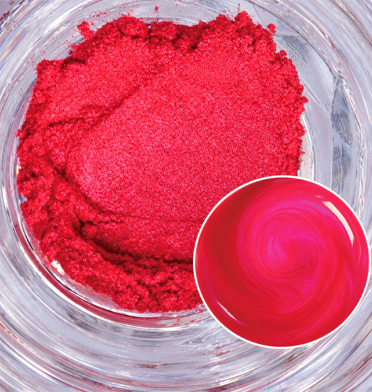 Raspberry Razzle bright red mica powder with a pinkish tone and a shimmery colour sample