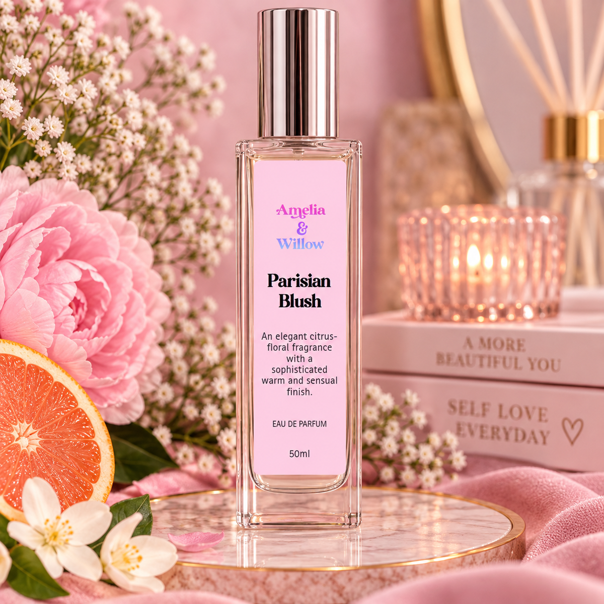 Parisian Blush 50ml Eau de Parfum with citrus and floral styling by Amelia & Willow