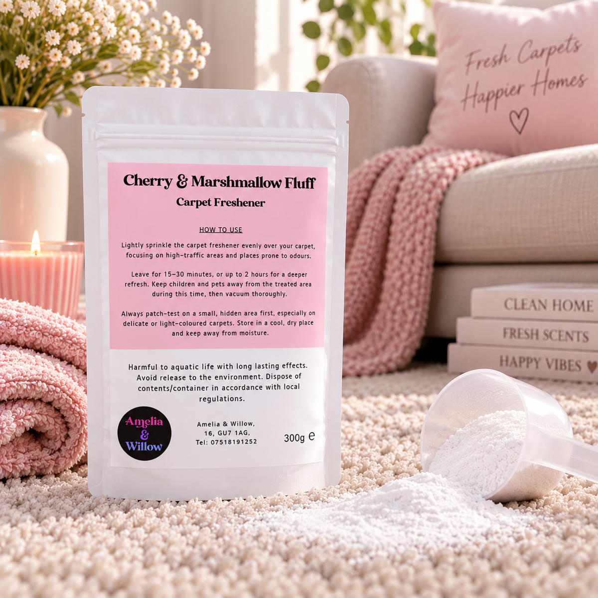 Cherry & Marshmallow Fluff 300g carpet freshener by Amelia & Willow with white fragranced powder sprinkled onto a soft carpet.