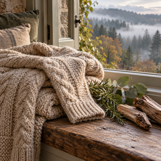 A cream knitted sweater beside greenery and weathered wood, overlooking misty woodland, representing Sweater Weather wax melts.
