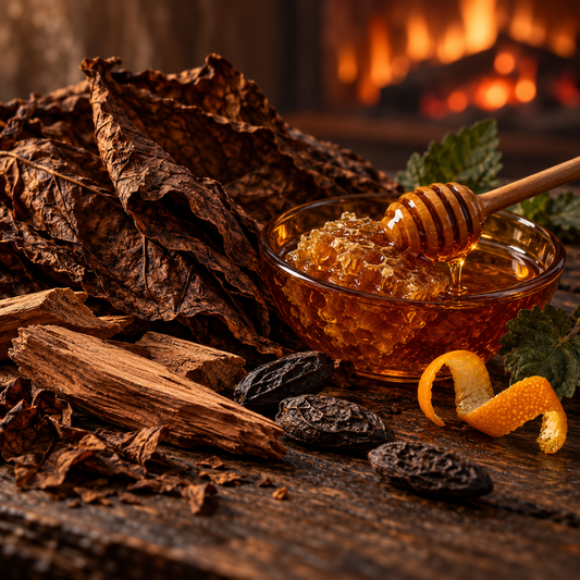 Dried tobacco leaves, golden honey, honeycomb and woods beside a glowing fireplace, representing Dark Honey & Tobacco wax melts.