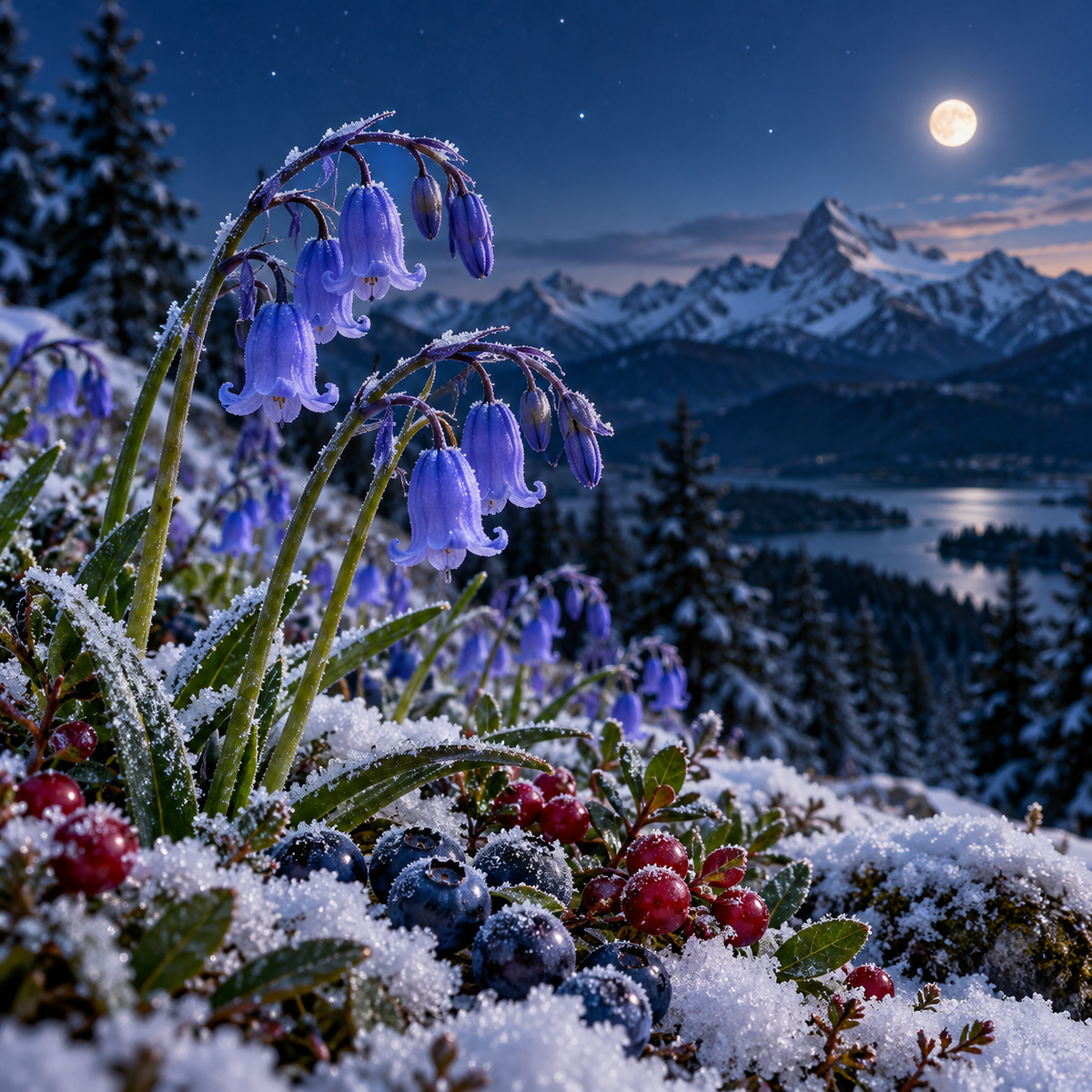 Frosted bluebells and wild berries overlooking snowy mountains beneath a starry sky, representing Bluebells & Wild Berries wax melts.