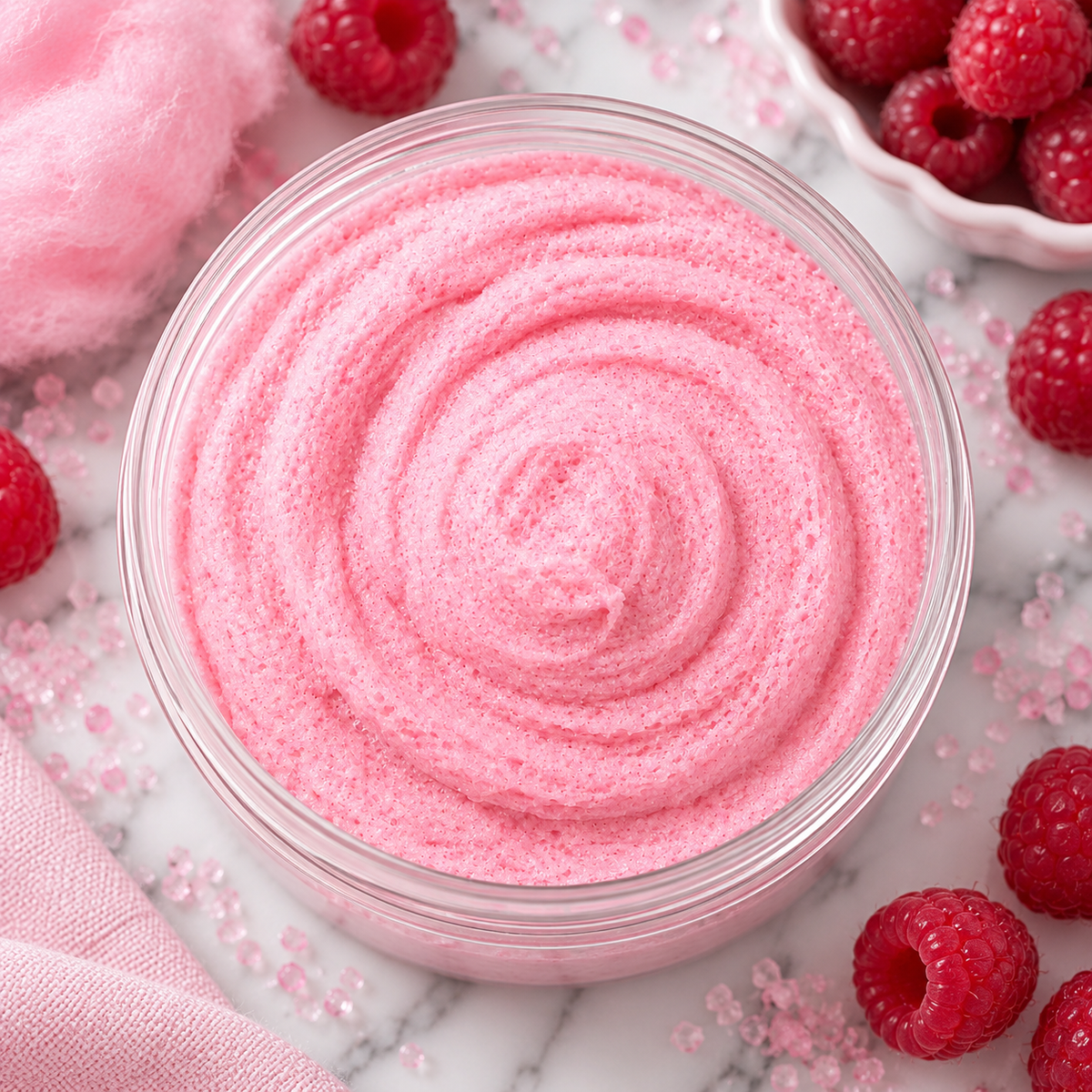 Raspberry Candy Floss Sugar Scrub 200g in a clear jar with raspberries and pink crystals