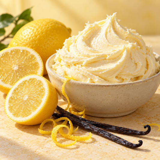 Fresh lemons and vanilla pods beside a bowl of rich buttercream, representing Lemon Buttercream wax melts.