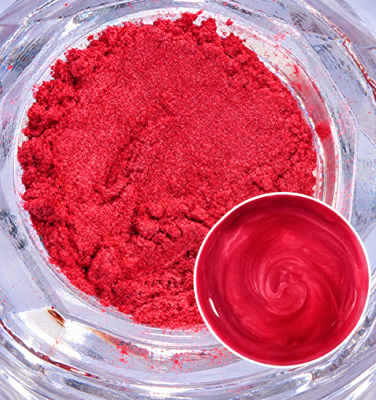 Crimson Charm red mica powder with a shimmery finish and red colour sample