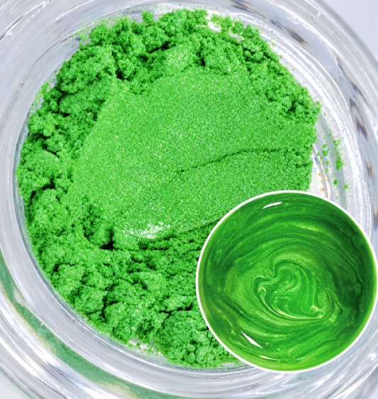 Enchanted Apple bright green mica powder with a shimmery finish and green colour sample