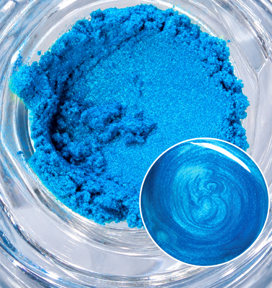 Ocean Odyssey vibrant blue mica powder with a shimmery finish and blue colour sample