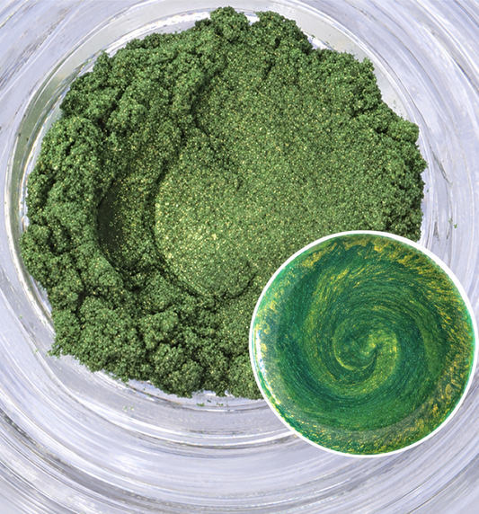 Woodland Whisper olive-green mica powder with a shimmery finish and green colour sample