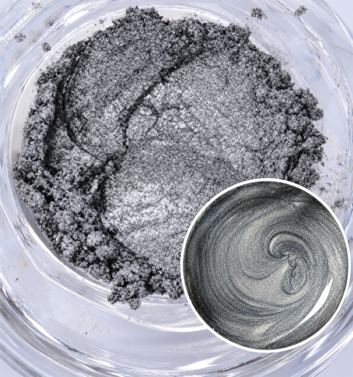 Moonlight Shimmer silver-grey mica powder with a shimmery finish and silver colour sample