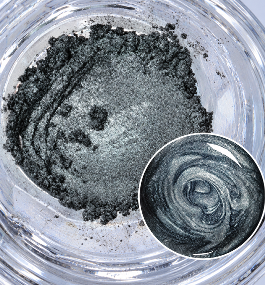Midnight Starlight dark charcoal mica powder with a silvery shimmer and colour sample