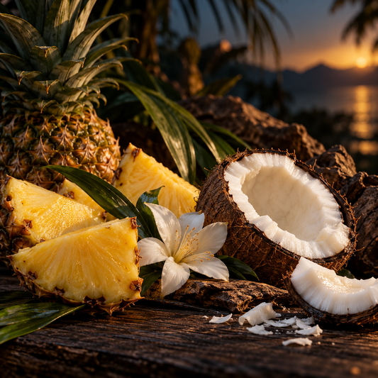 Pineapple wedges, coconut halves and white blossoms on dark wood at sunset, representing Coconut After Dark wax melts.