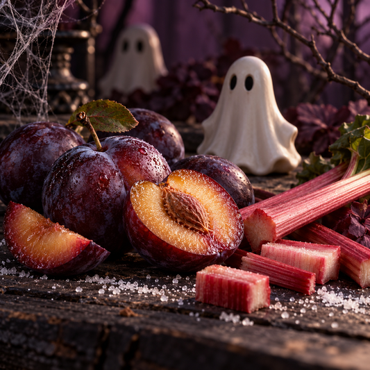 Ripe purple plums, rhubarb and sugar crystals with ghost decorations and cobwebs, representing Velvet Plum Halloween wax melts.