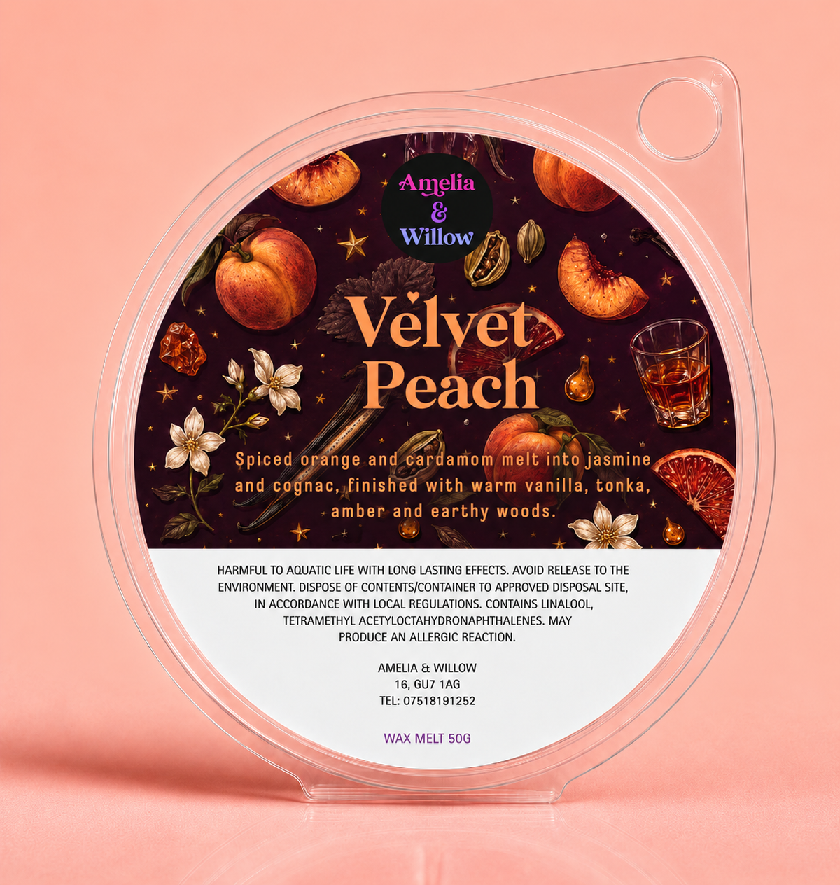 Velvet Peach 50g wax melt in round clamshell by Amelia & Willow