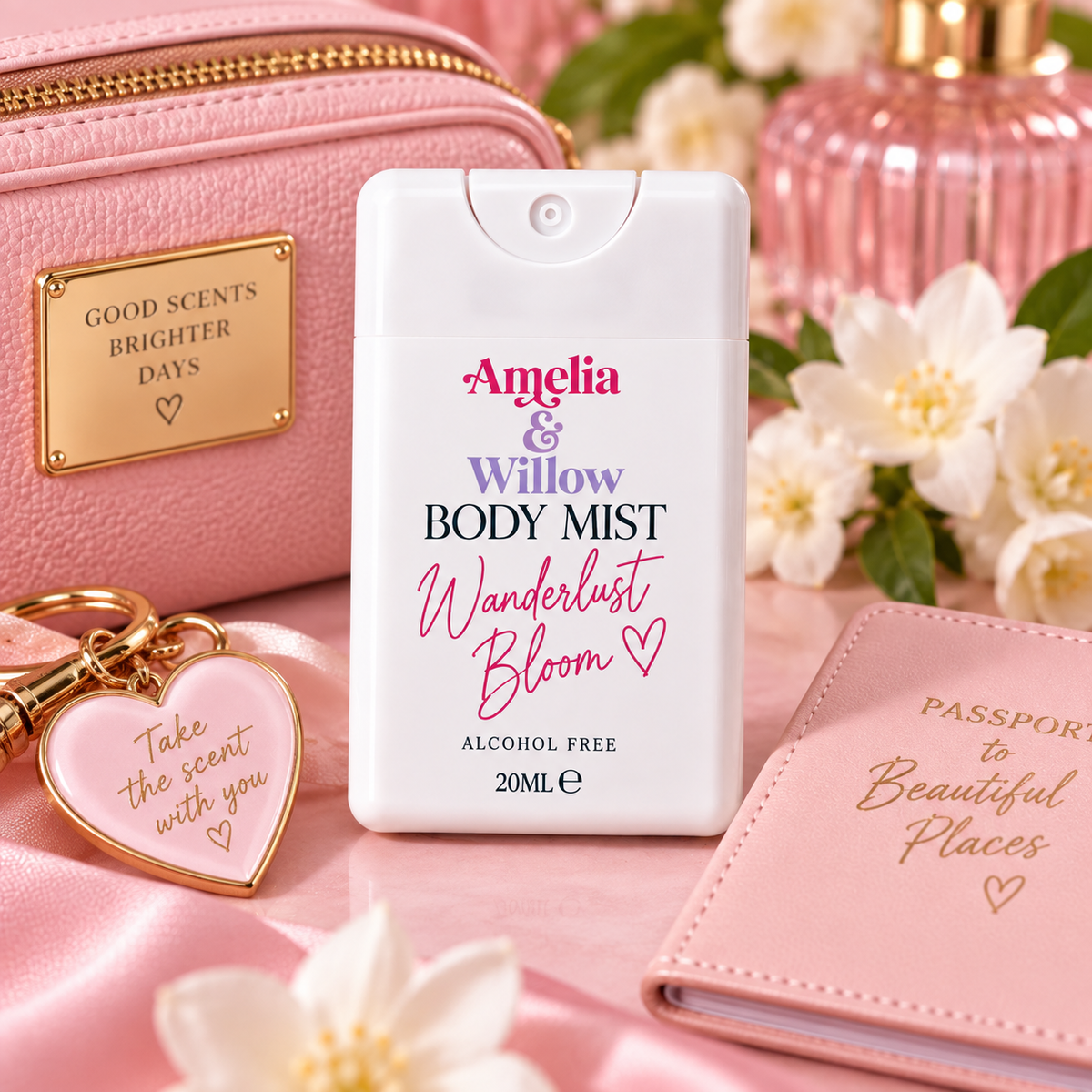 Wanderlust Bloom 20ml pocket body mist with pink travel accessories