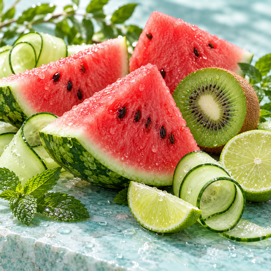 Watermelon wedges, cucumber ribbons, kiwi and lime on an aqua surface, representing Juicy Watermelon wax melts.