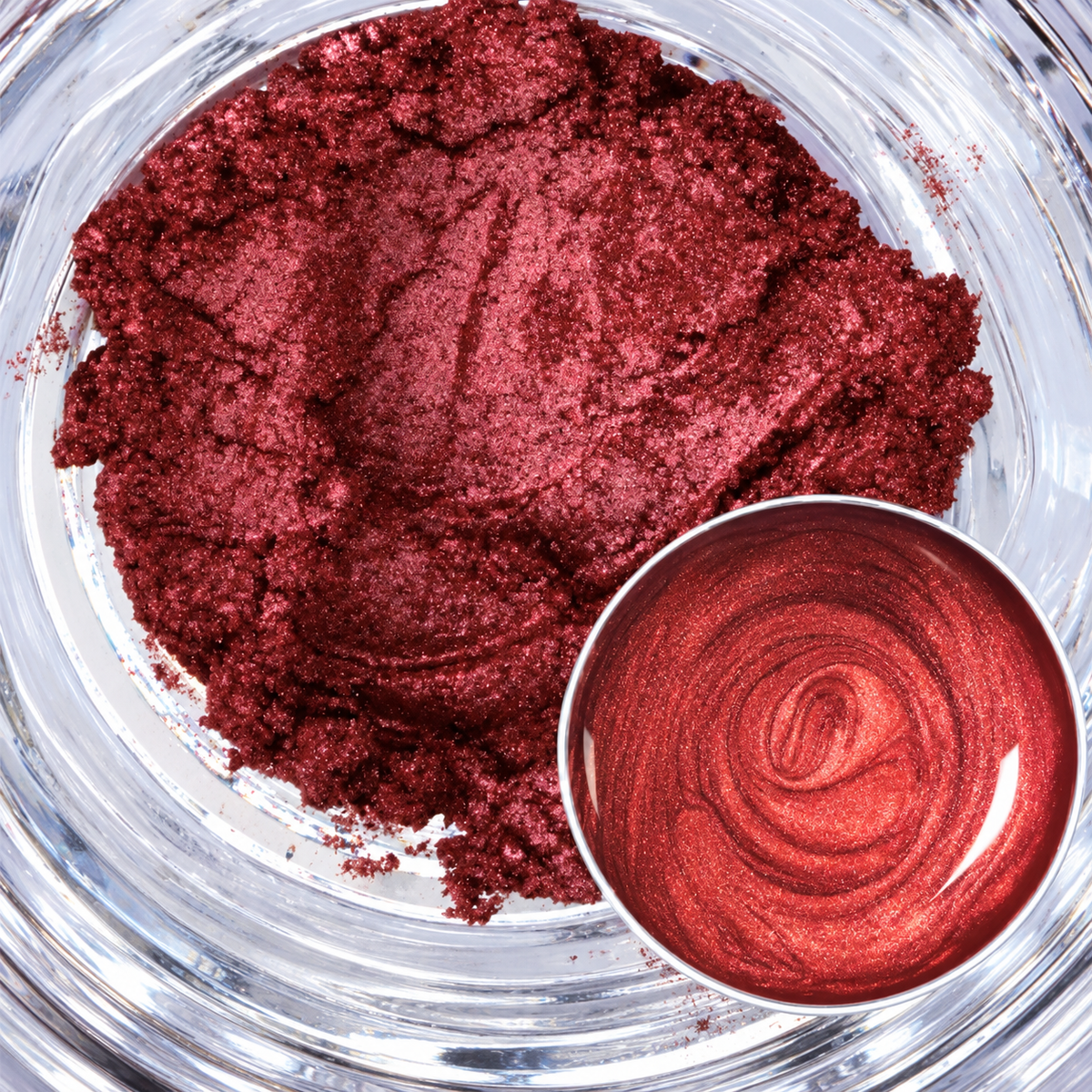 Burgundy Bliss deep wine-red mica powder with a shimmery finish and red colour sample