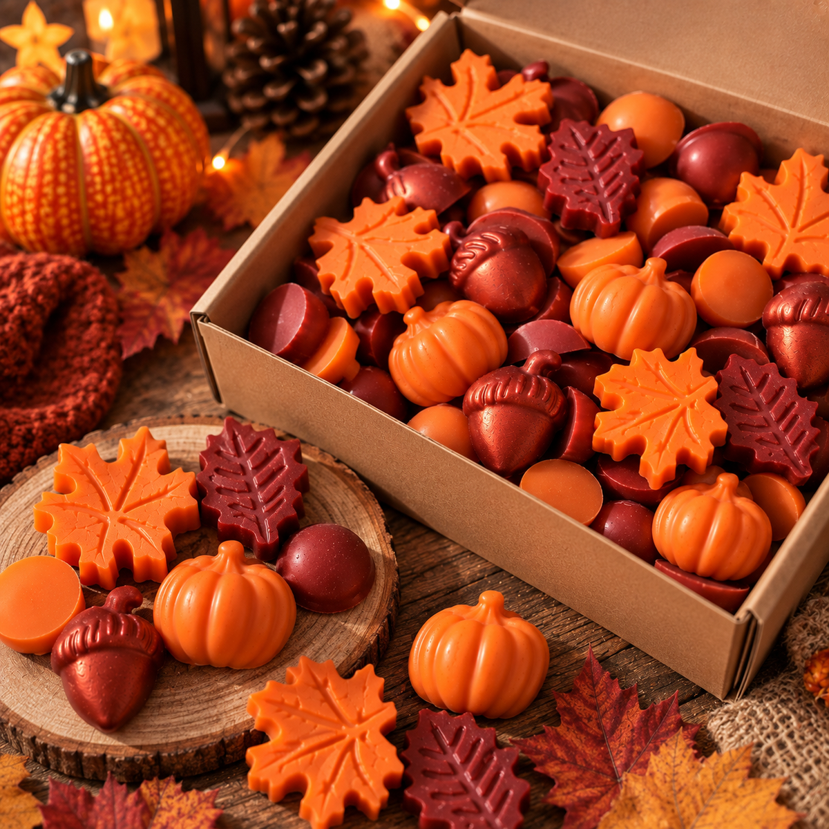 Orange and burgundy autumn wax melts displayed beside an open gift box