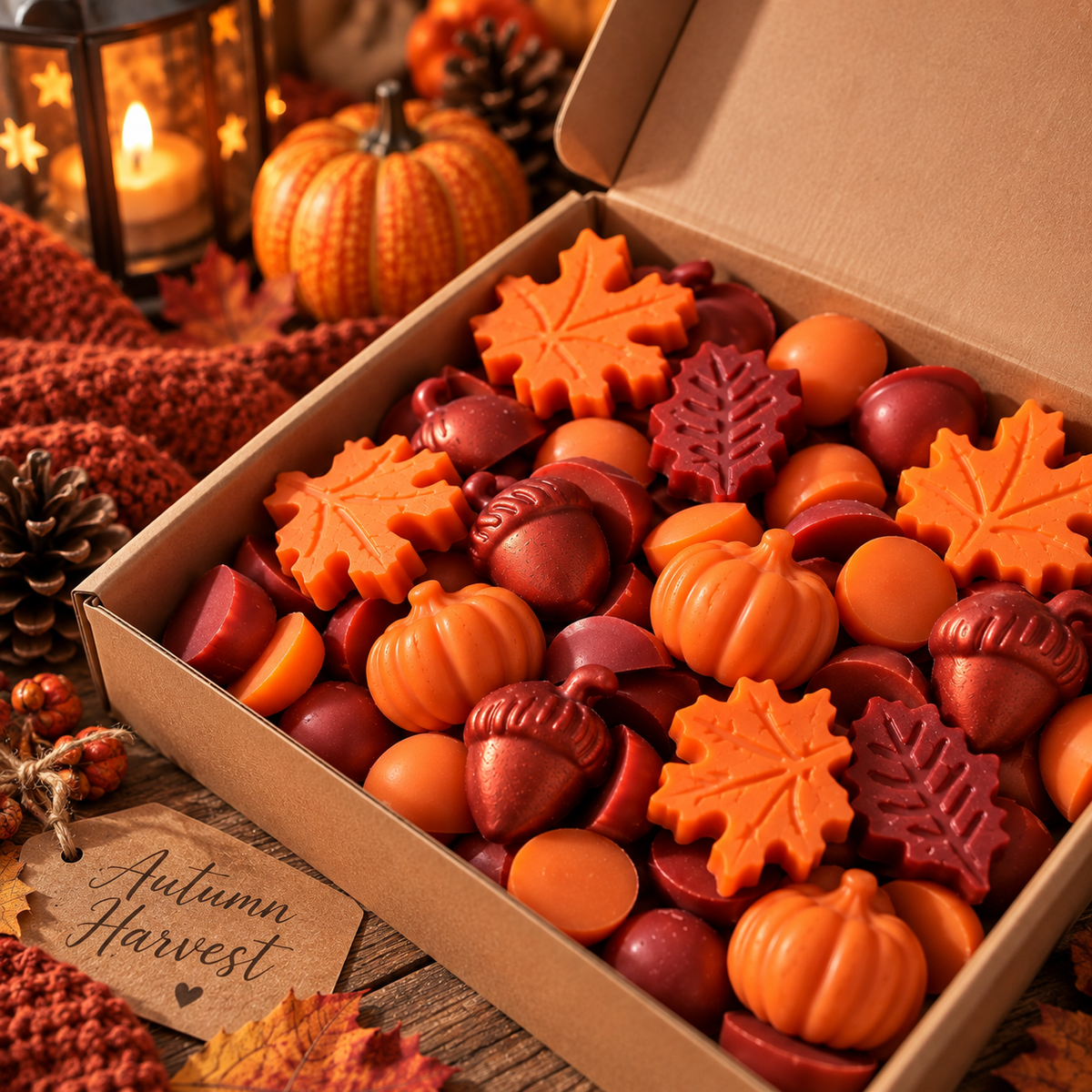  Open Autumn Harvest gift box filled with pumpkin, acorn and leaf-shaped wax melts