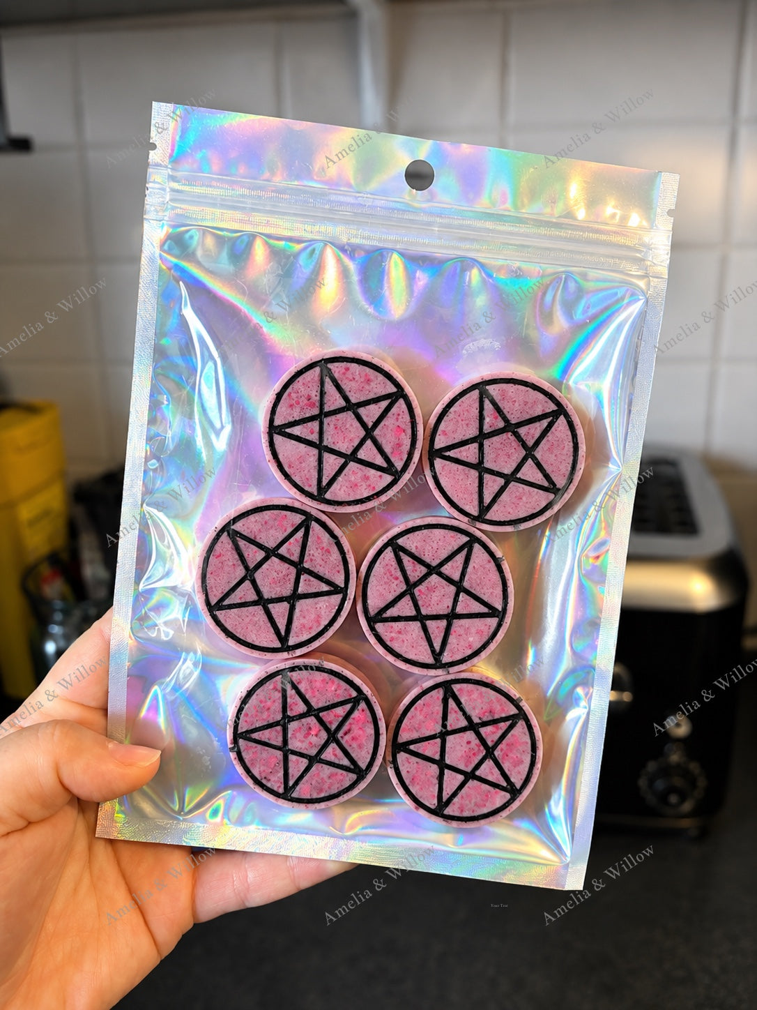 Black Cherry & Cedarwood pink pentagram wax melts in holographic pouch