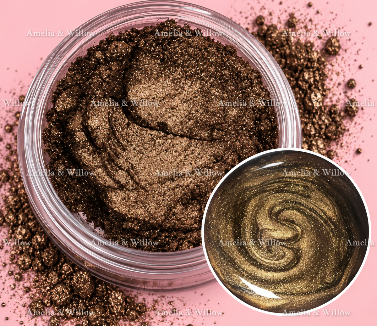 Cocoa Bronze mica powder 20g with rich brown bronze shimmer and dispersed colour swatch