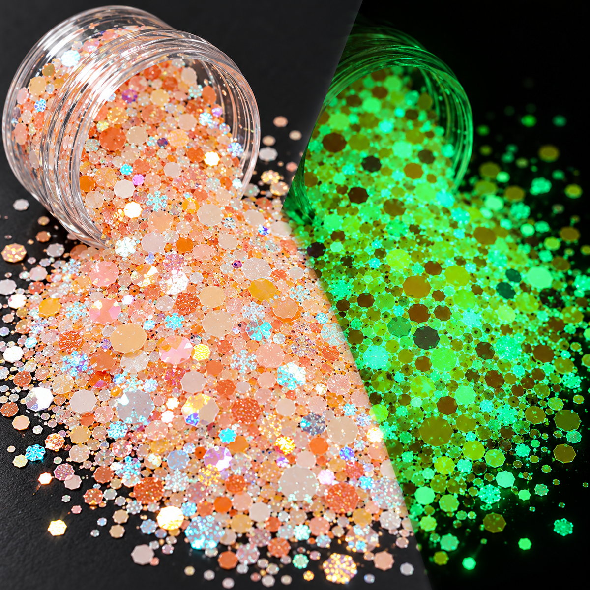 peach prism glow in the dark glitter both showing glitter during the day and night 
