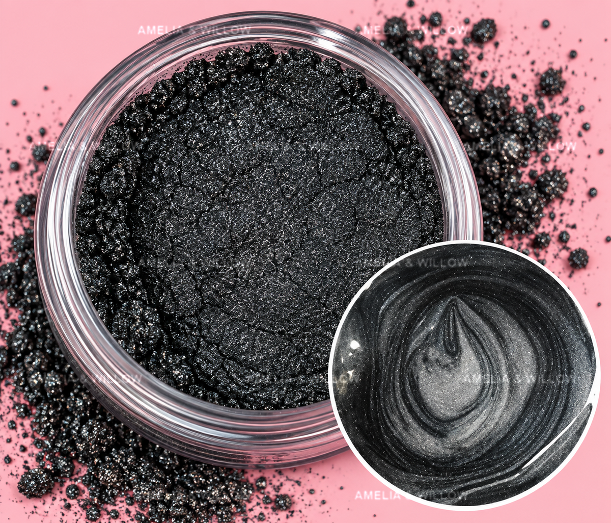 Onyx Lustre mica powder 20g with deep charcoal metallic shimmer and dispersed colour swatch