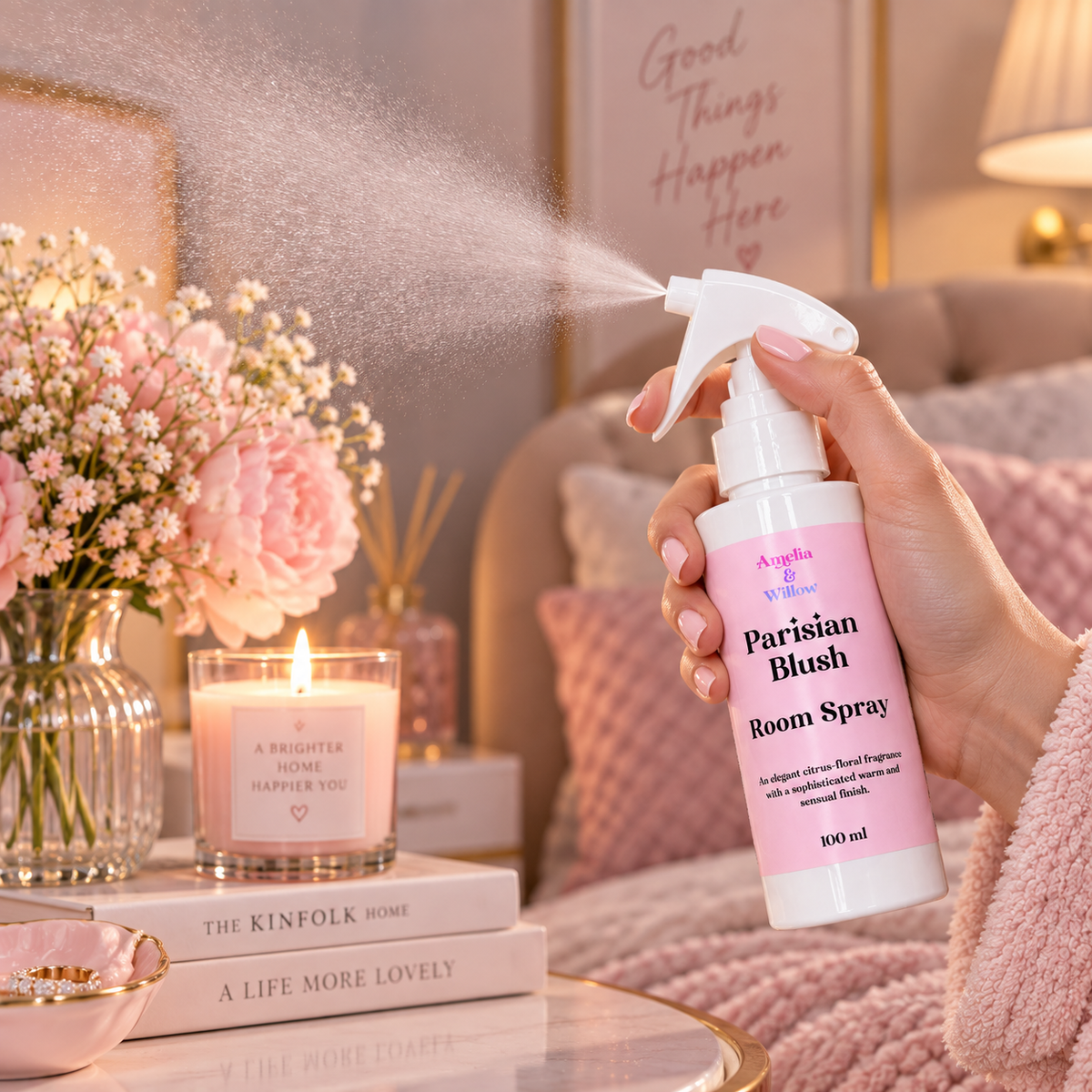 Parisian Blush Room Spray being sprayed in a softly styled bedroom