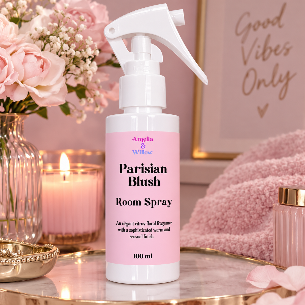 Parisian Blush Room Spray styled with pink florals and home décor