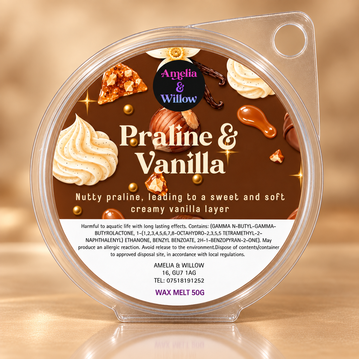 Praline and Vanilla 50g round wax melt by Amelia & Willow