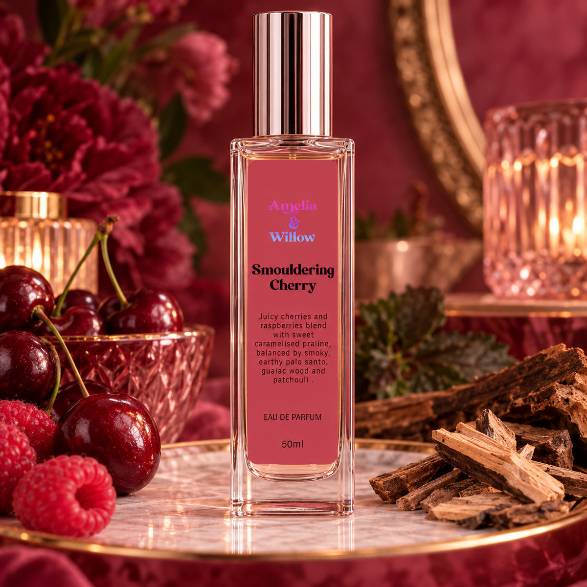 Smouldering Cherry 50ml Eau de Parfum with cherries and raspberries by Amelia & Willow