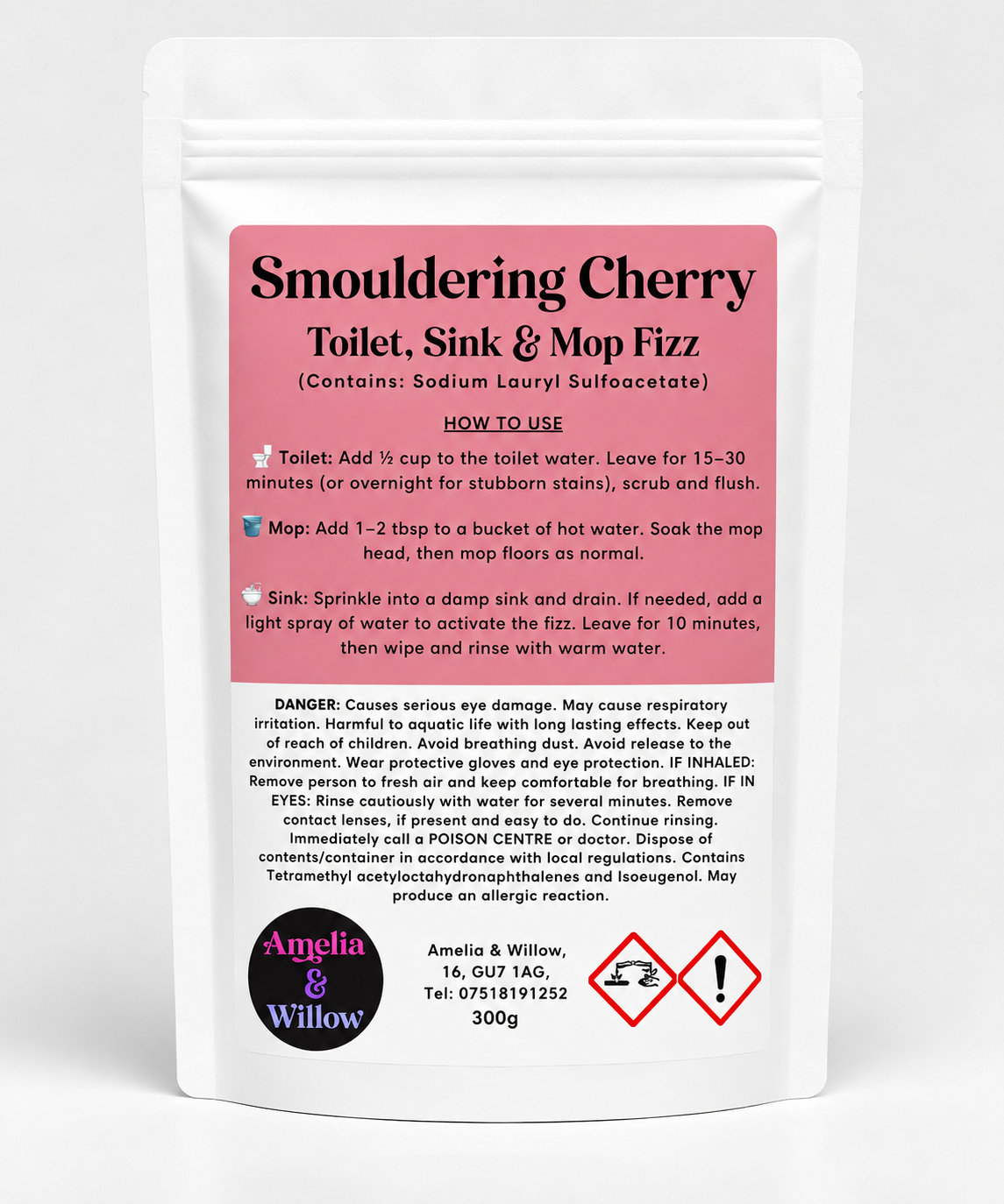 Smouldering Cherry Toilet, Sink & Mop Fizz Powder 300g by Amelia & Willow in a white resealable pouch