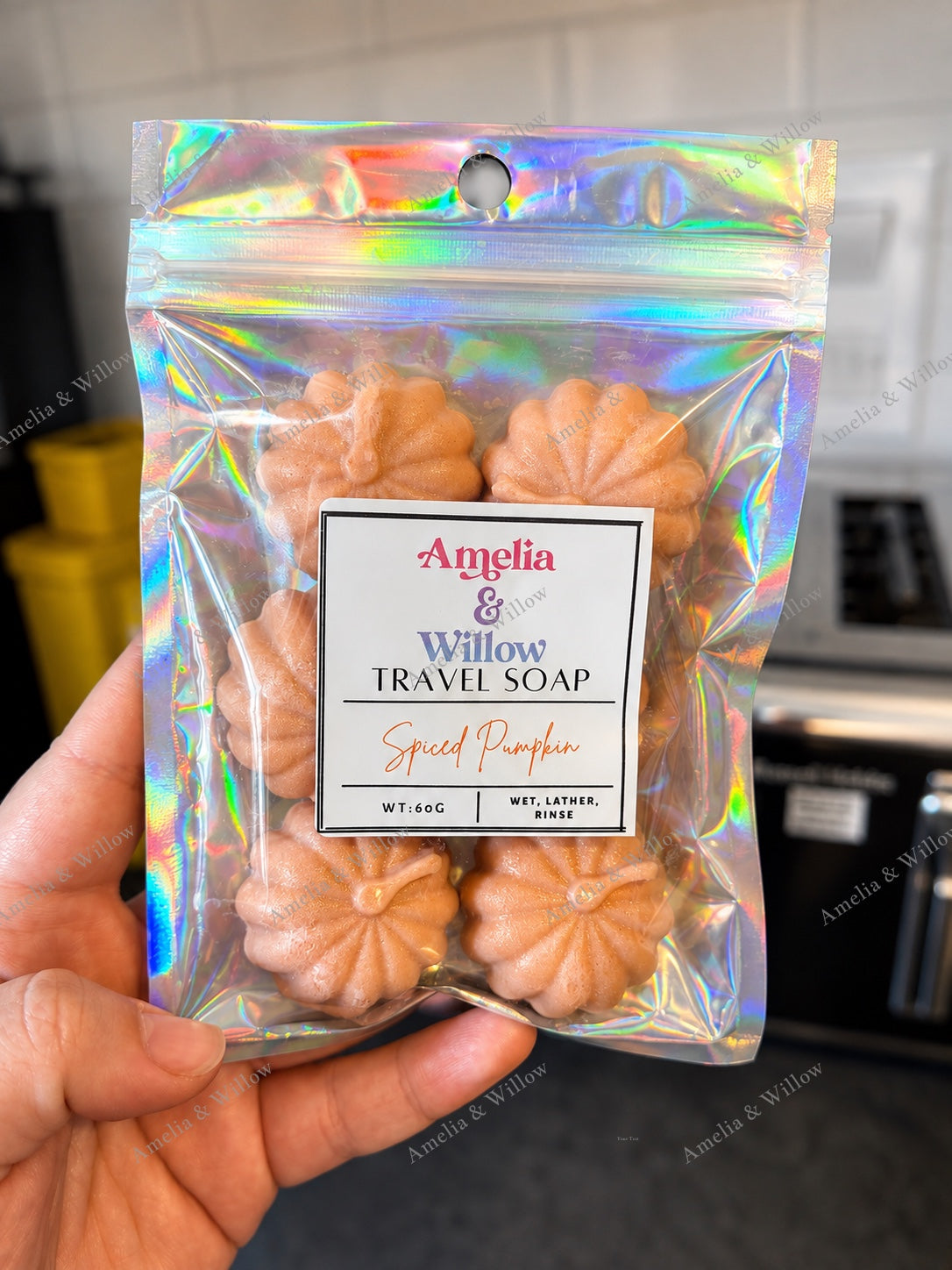 Spiced Pumpkin mini travel soaps 60g in holographic pouch