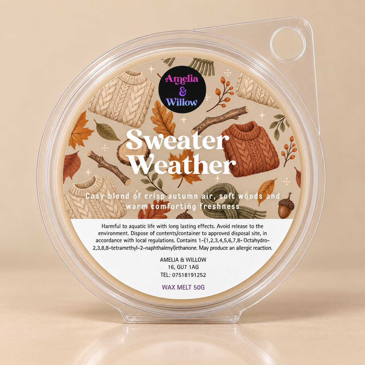 Sweater Weather 50g round wax melt by Amelia & Willow