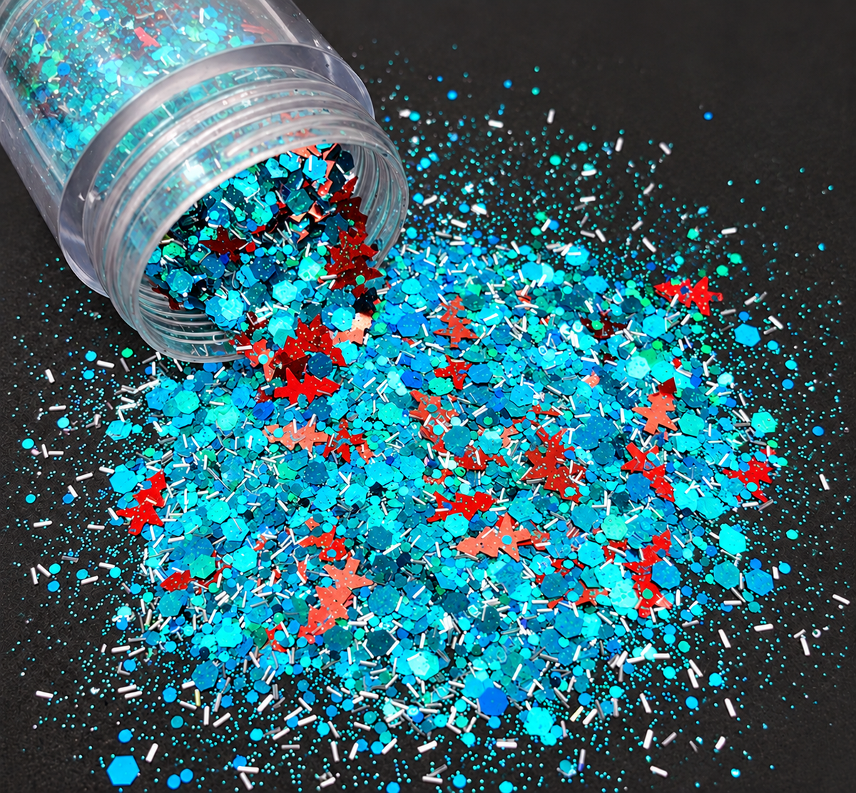 tinsel and trees gltter falling out of jar 